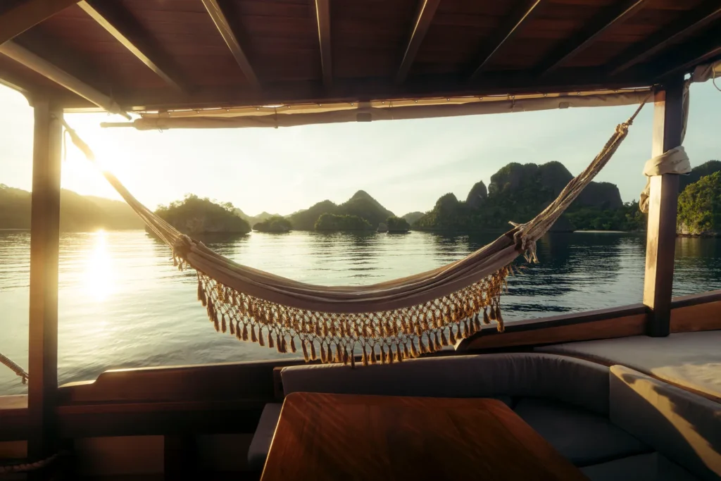 Relaxing hammock setup aboard the Anne Bonny luxury liveaboard with sunrise views over the peaceful tropical islands of Raja Ampat.