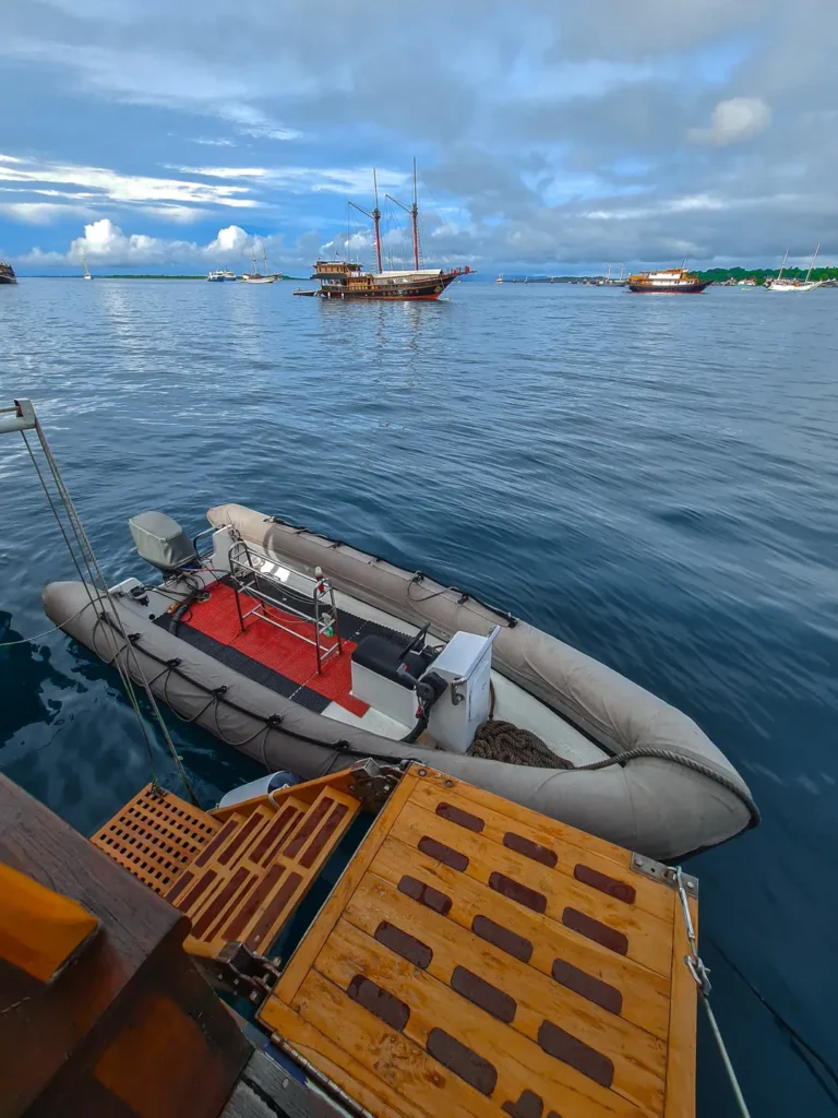 View from the Anne Bonny deck overlooking a luxury tender speedboat floating on calm tropical waters surrounded by liveaboard vessels in Raja Ampat.