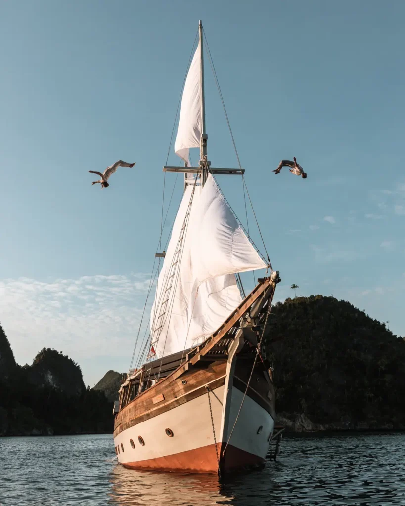 Dramatic front-facing perspective of Anne Bonny showcasing its towering white sails and classic wooden bow while guests dive into calm tropical waters in Raja Ampat.