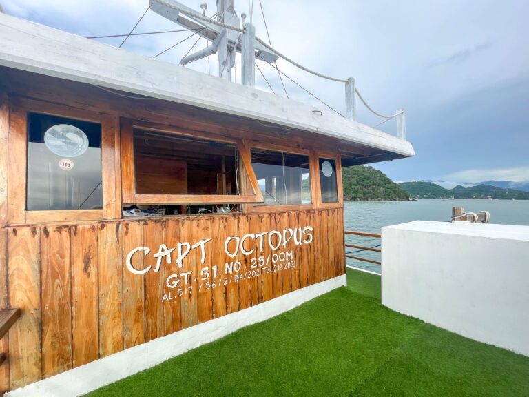 Capt Octopus nameplate painted on the wood exterior above the turf deck