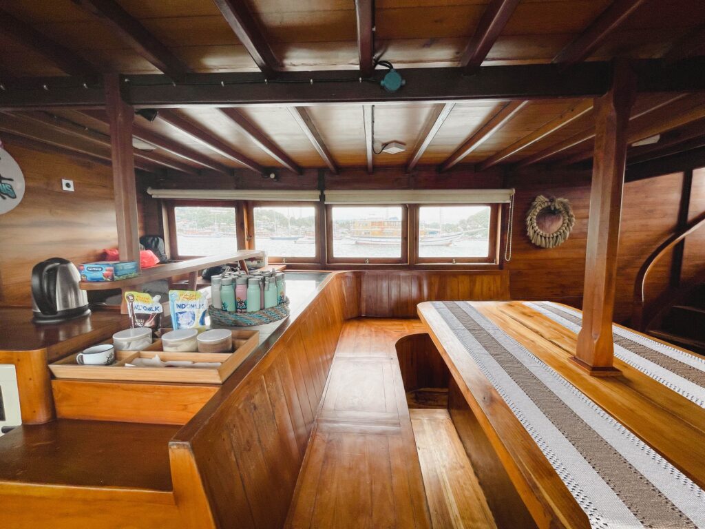 Capt Octopus indoor lounge with a beverage station and wood bench seating