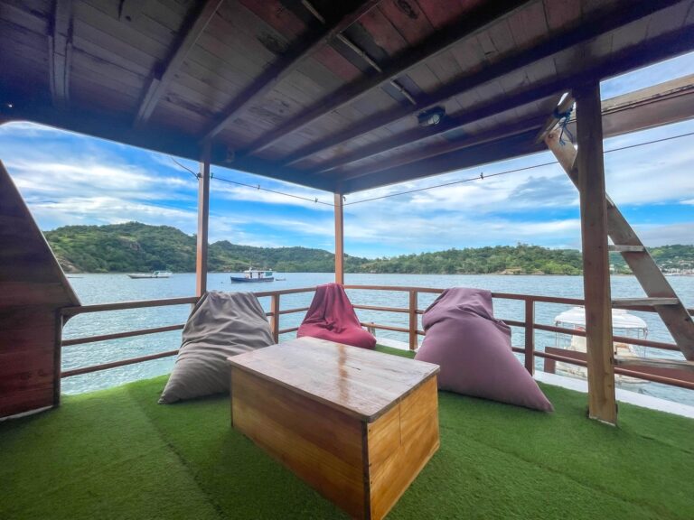 Capt Octopus outdoor lounge with beanbags on turf and a harbor view