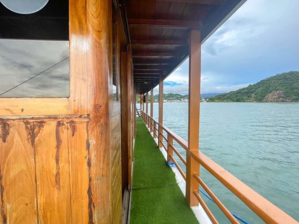 Capt Octopus side deck walkway with turf flooring and a wood-paneled cabin