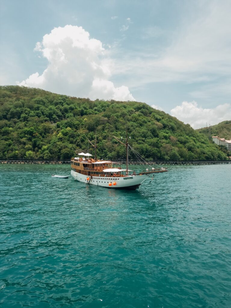 Carnaby II yacht anchored in teal water beneath a green forested hill