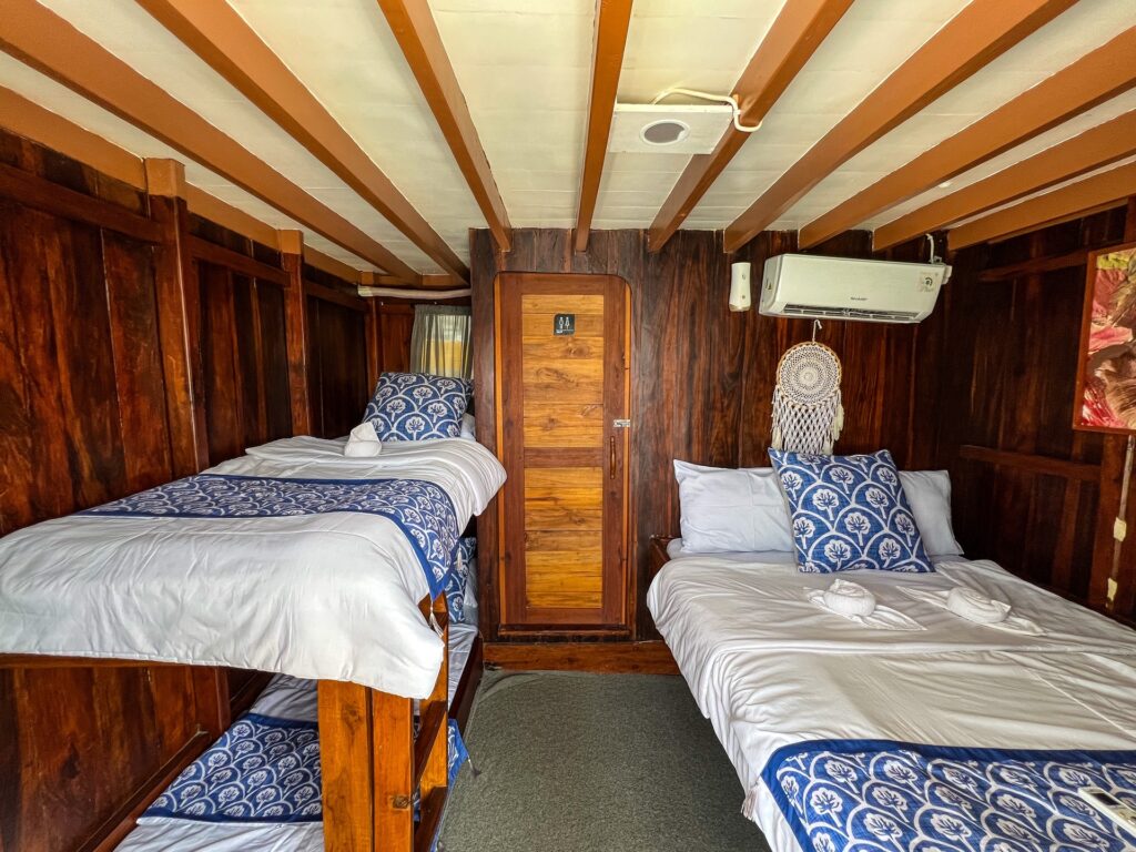 Superior family room with two single beds and blue patterned bedding against wood walls