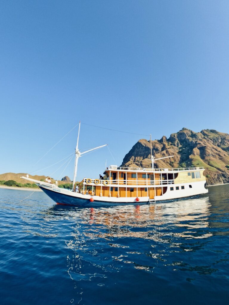 Dinara yacht anchored in calm water against a rugged mountain backdrop near Padar Island