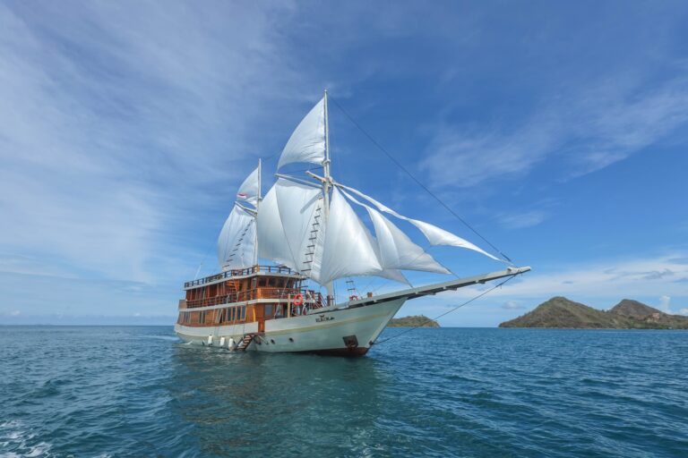 Elrora liveaboard phinisi under full white sail on open water