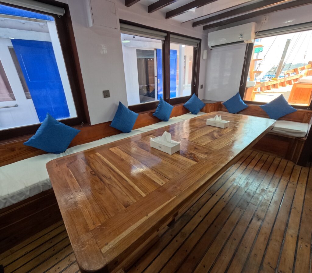 Indoor dining table with blue pillows and folded napkins beside large windows