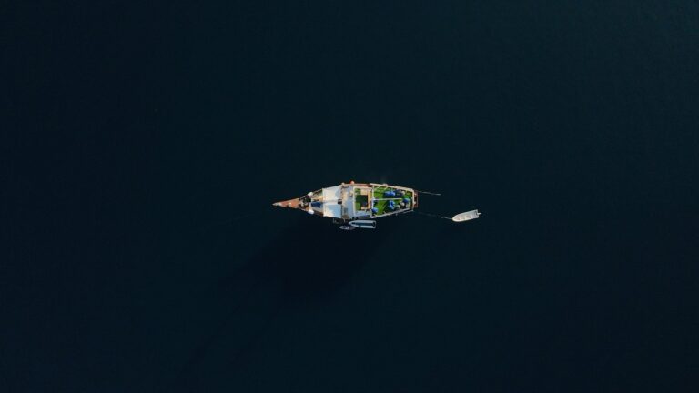 Aerial view of the Leticia anchored with its tender alongside dark water
