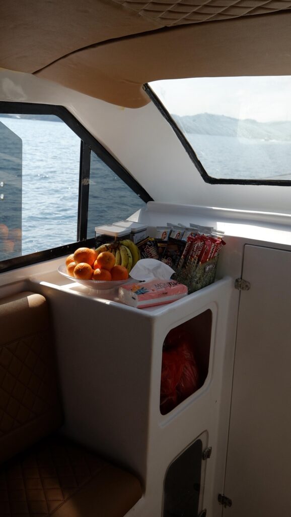 Fresh fruit and snacks laid out for guests aboard Ocean Manta