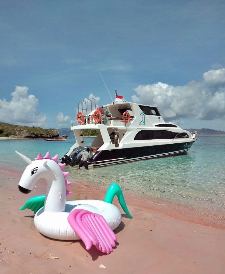 Unicorn pool floatie on Pink Beach with Ocean Queen anchored offshore