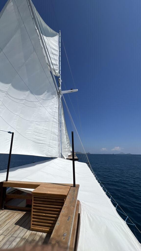 Close-up view of a raised white sail above a teak bow bench