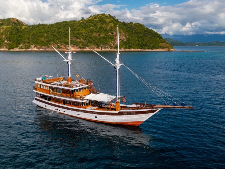 Refviero komodo liveaboard anchored near green hills with masts rigged against a blue sky