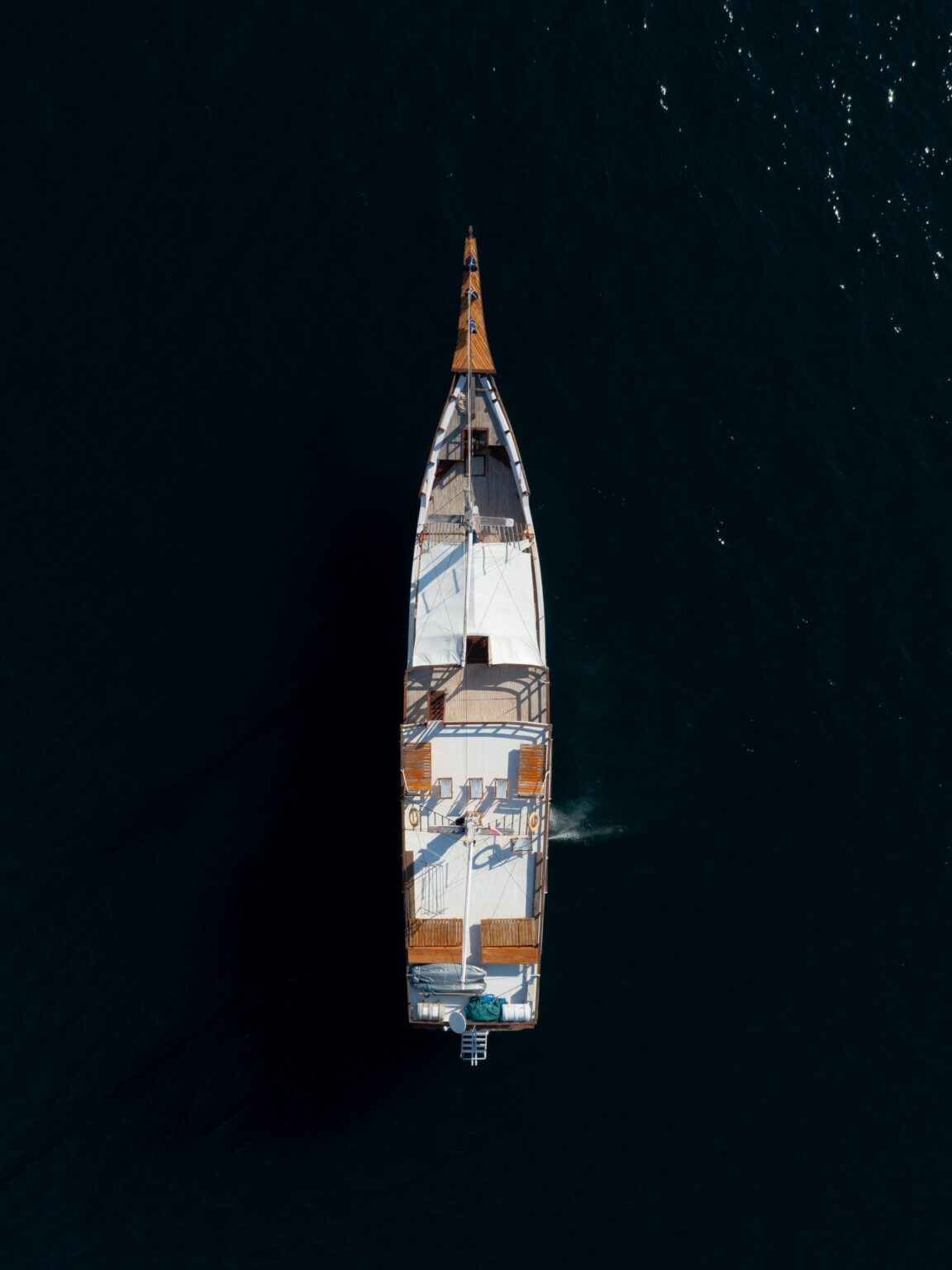 Refviero komodo liveaboard seen from directly above, white deck and wooden bow near Padar Island