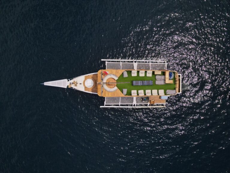 Sea Familia Komodo liveaboard overhead deck view with turf sun deck and bow jacuzzi