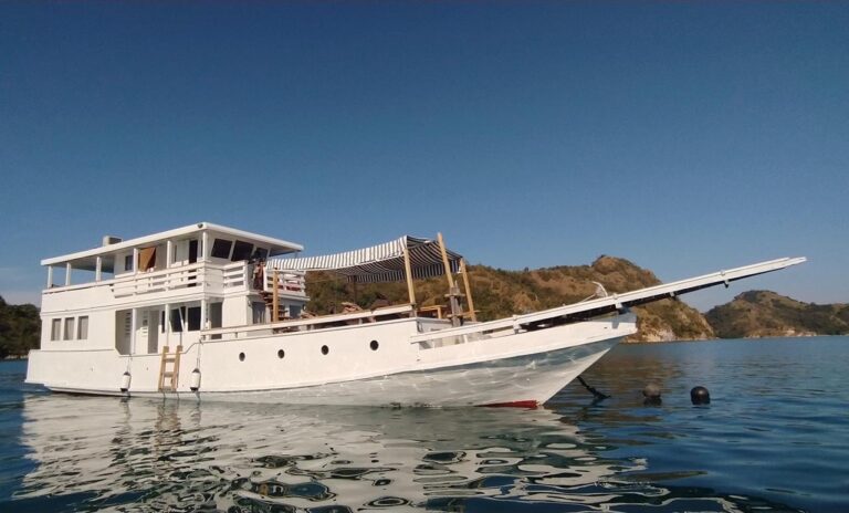 Low-angle view of the Zendaya phinisi at anchor with its white hull and dry hillsides behind