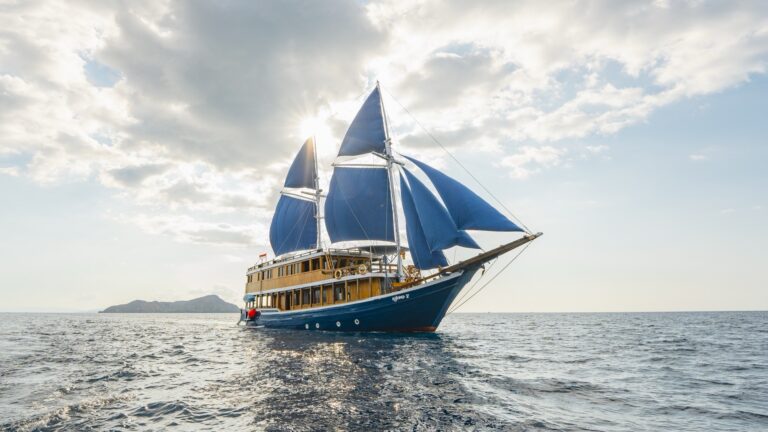 Aerial view of the Cajoma V luxury yacht on a Komodo voyage