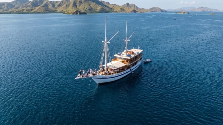 Aerial view of the Dinara on a Komodo liveaboard