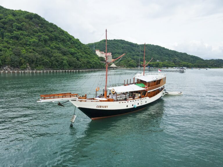 Carnaby I phinisi anchored in a harbor near green hills