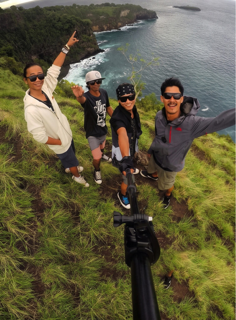Four friends pose for a selfie-stick shot on a grassy clifftop above a rocky coast