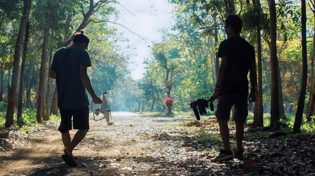 Two filmmakers walk a shaded forest track carrying a drone and a camera gimbal