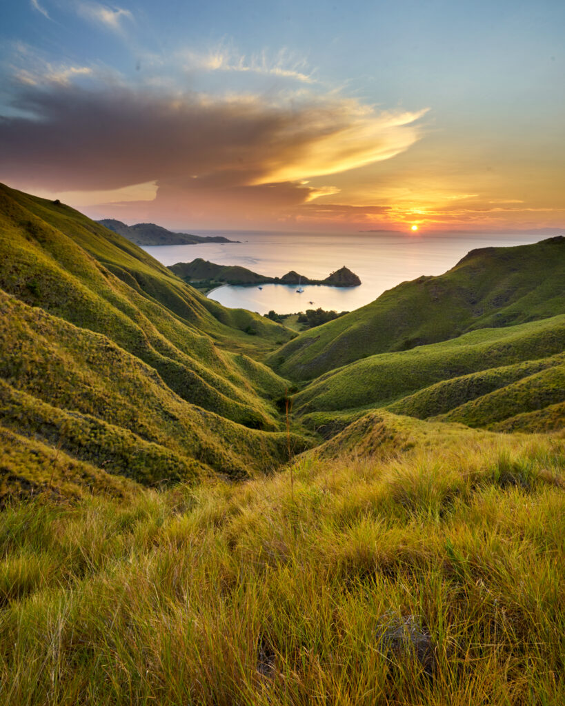 Green grass valley running down to a bay with the sun setting beyond the headlands