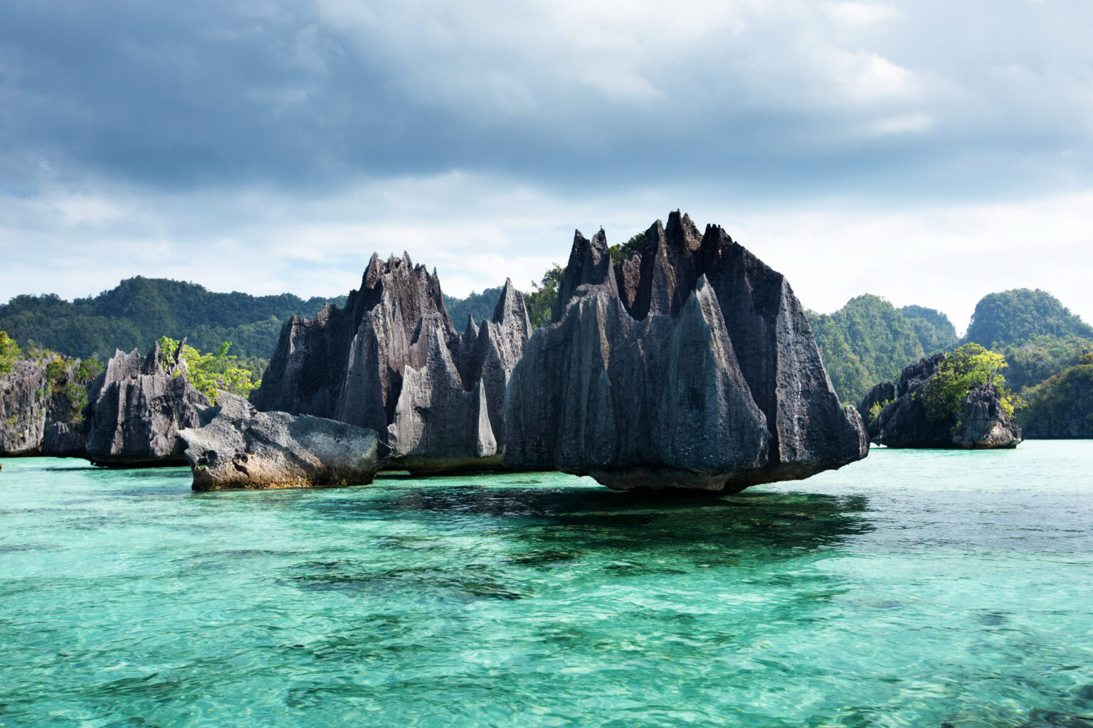 Jagged grey limestone rocks rising from shallow turquoise water under an overcast sky, Raja Ampat