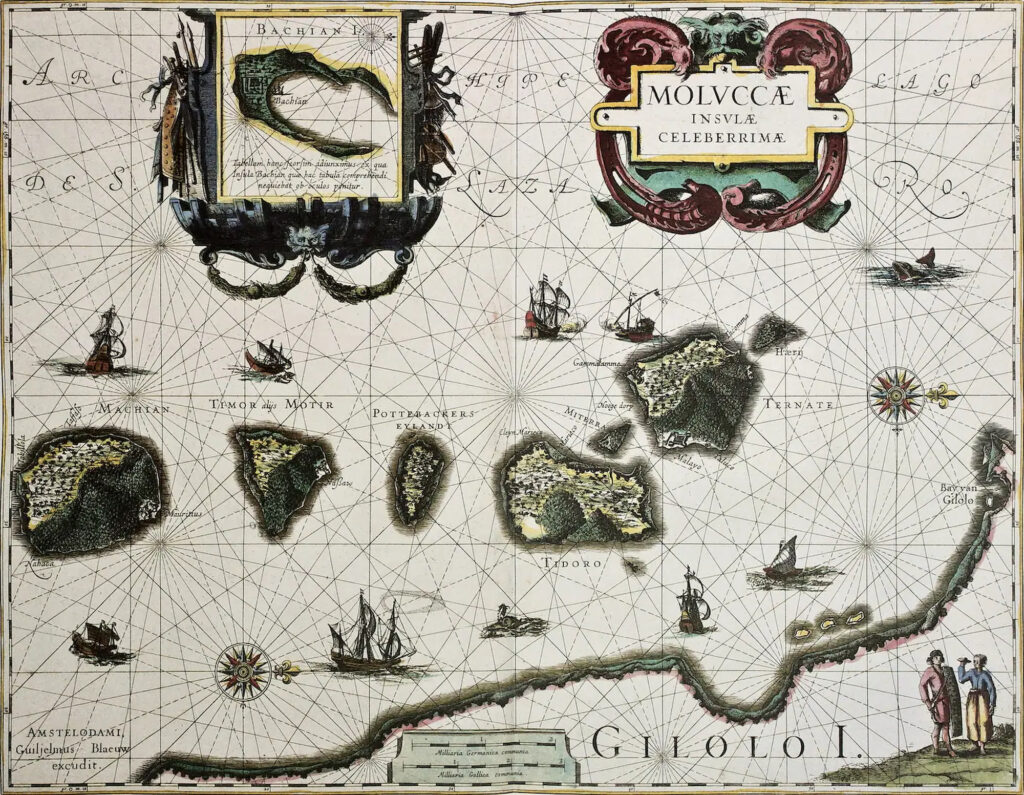 Antique illustrated map of the Molucca Islands region