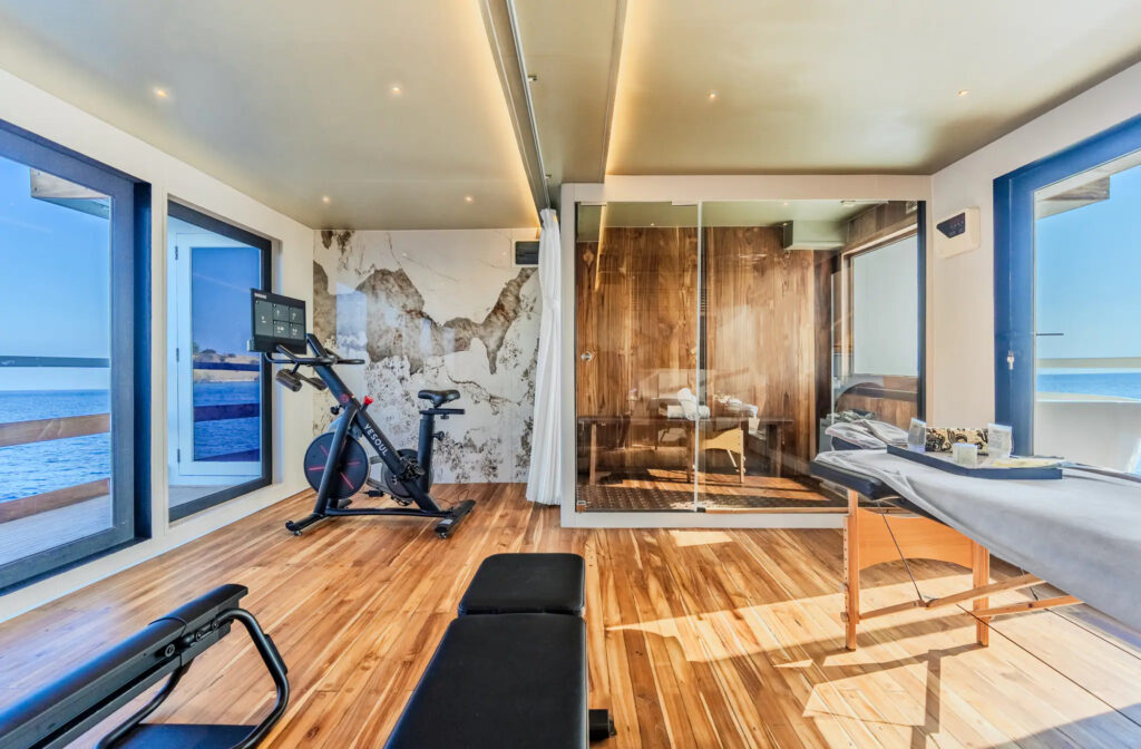 Gym and sauna sharing one room aboard the Kayra phinisi
