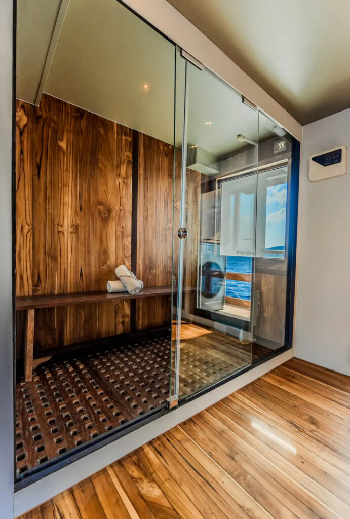 Timber-lined sauna aboard the Kayra phinisi
