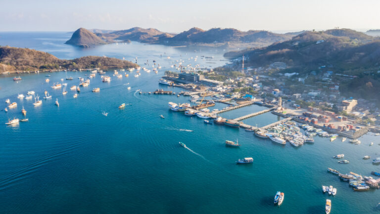 Aerial view of Labuan Bajo town and bay, where things to do in Labuan Bajo begin