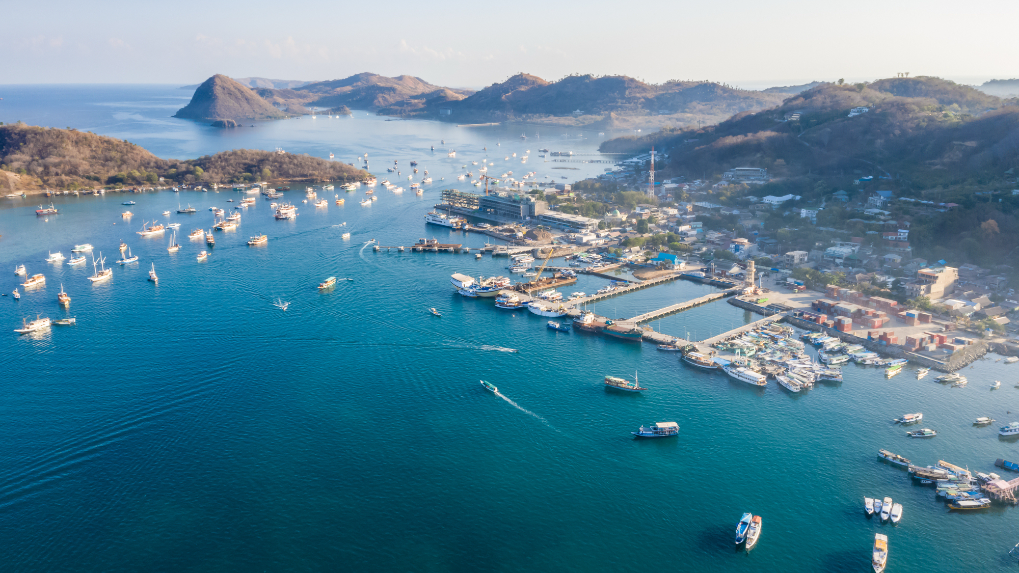Aerial view of Labuan Bajo town and bay, where things to do in Labuan Bajo begin