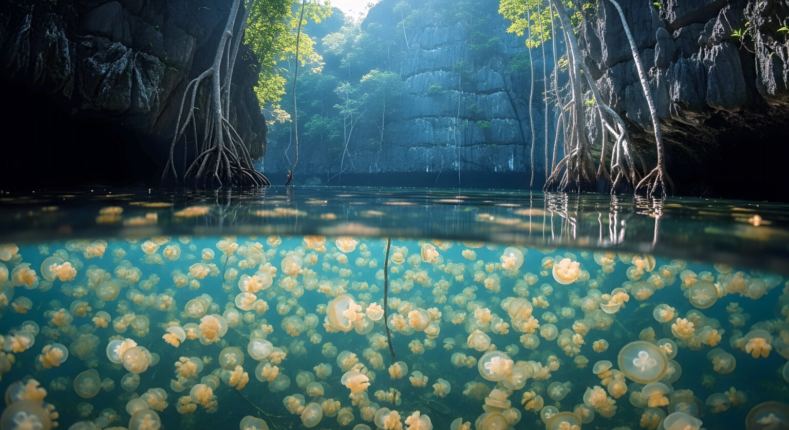 Golden jellyfish crowding beneath the surface of a karst-walled lake, Raja Ampat