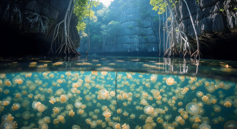 Golden jellyfish crowding beneath the surface of a karst-walled lake, Raja Ampat