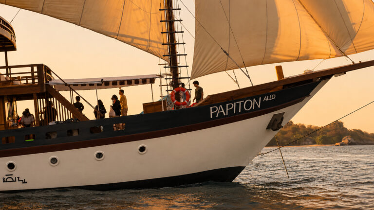 Papiton Allo bow with guests on the foredeck in golden sunset light
