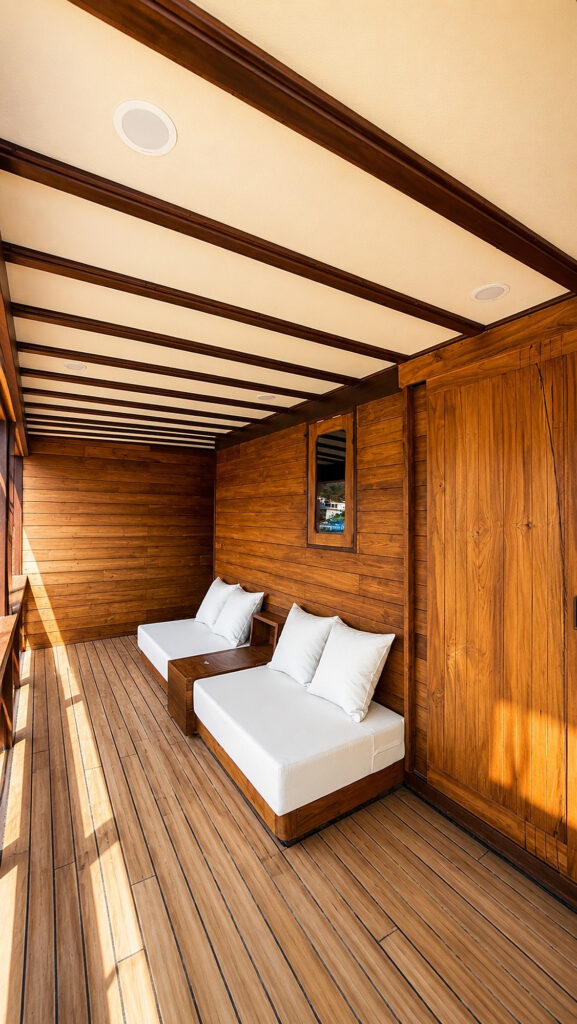 Covered side deck with two cushioned daybeds and warm timber panelling