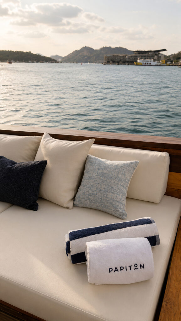 Deck sofa with rolled towels and a view across the bay to the hills