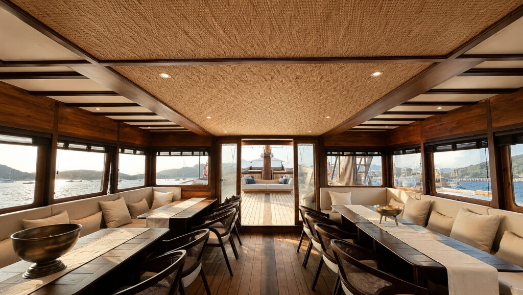 Papiton Allo dining saloon with panoramic windows and banquette seating either side