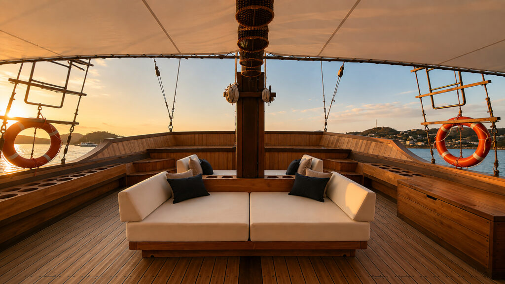 Front deck sofas under the awning with lifebuoys and sunset over the bay