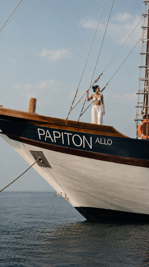 Guest standing on the bowsprit above the Papiton Allo name board