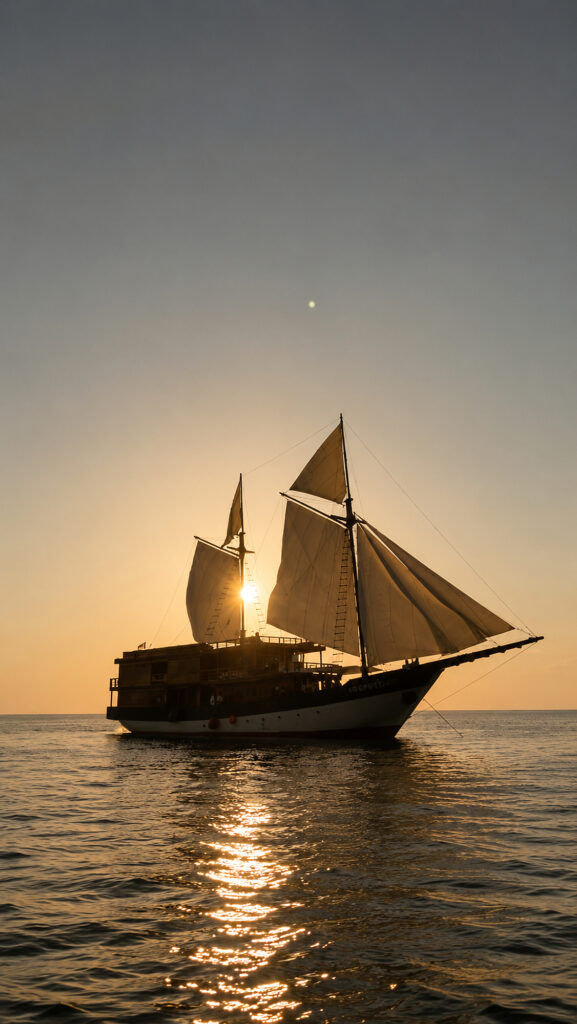 Phinisi under sail with the setting sun reflected across the open water