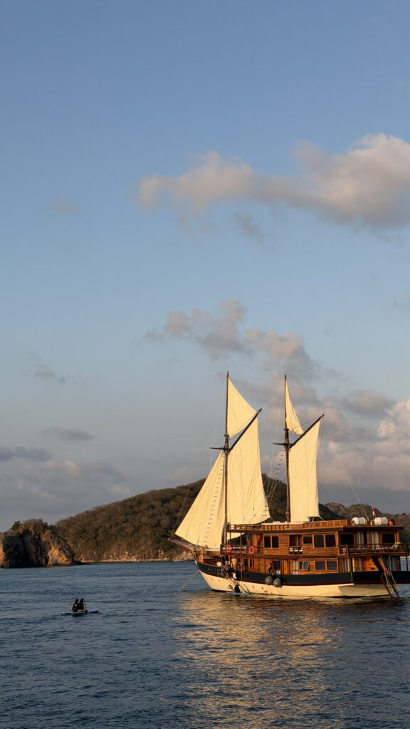 Papiton Allo phinisi sailing past a green island headland with a canoe nearby