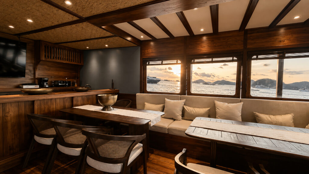 Saloon banquette and bar counter with sunset light through the panoramic windows