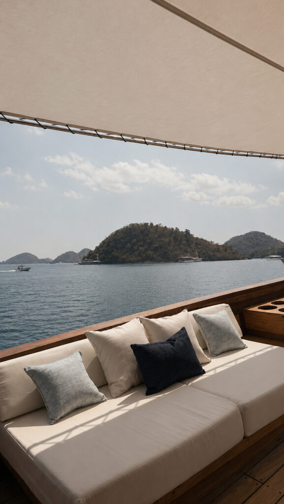 Shaded main deck sofa facing a green island across calm turquoise water