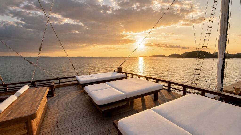 Top deck daybeds facing the low sun over the islands and open water