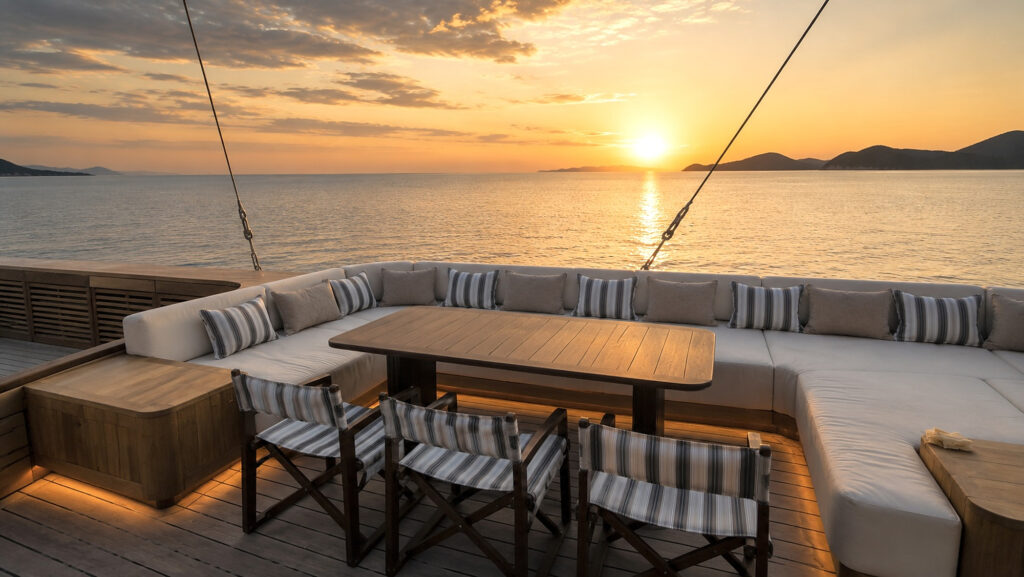 Top deck dining table and bench seating facing the sunset over the sea