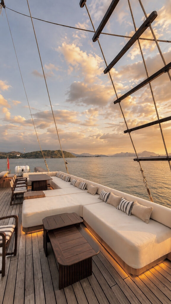 Top deck lounge sofas under the rigging with sunset clouds above the hills