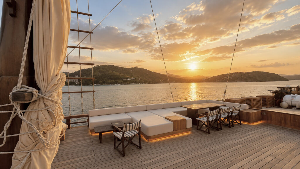 Top deck lounge beside a furled sail with sunset over the hills and harbor