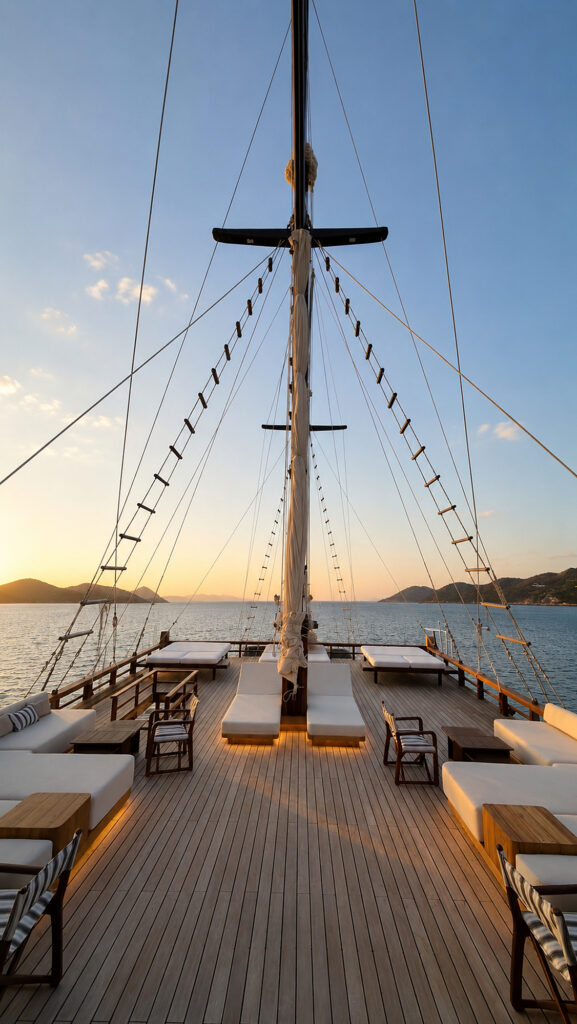 Top deck loungers running either side of the mast at dusk