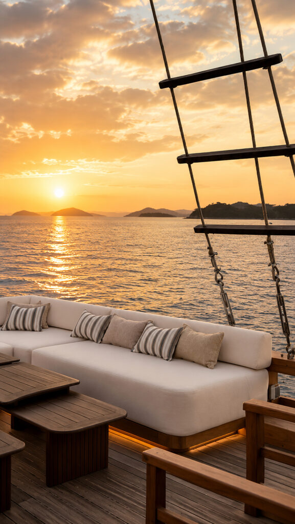 Papiton Allo top deck sofa facing the sun setting over the islands